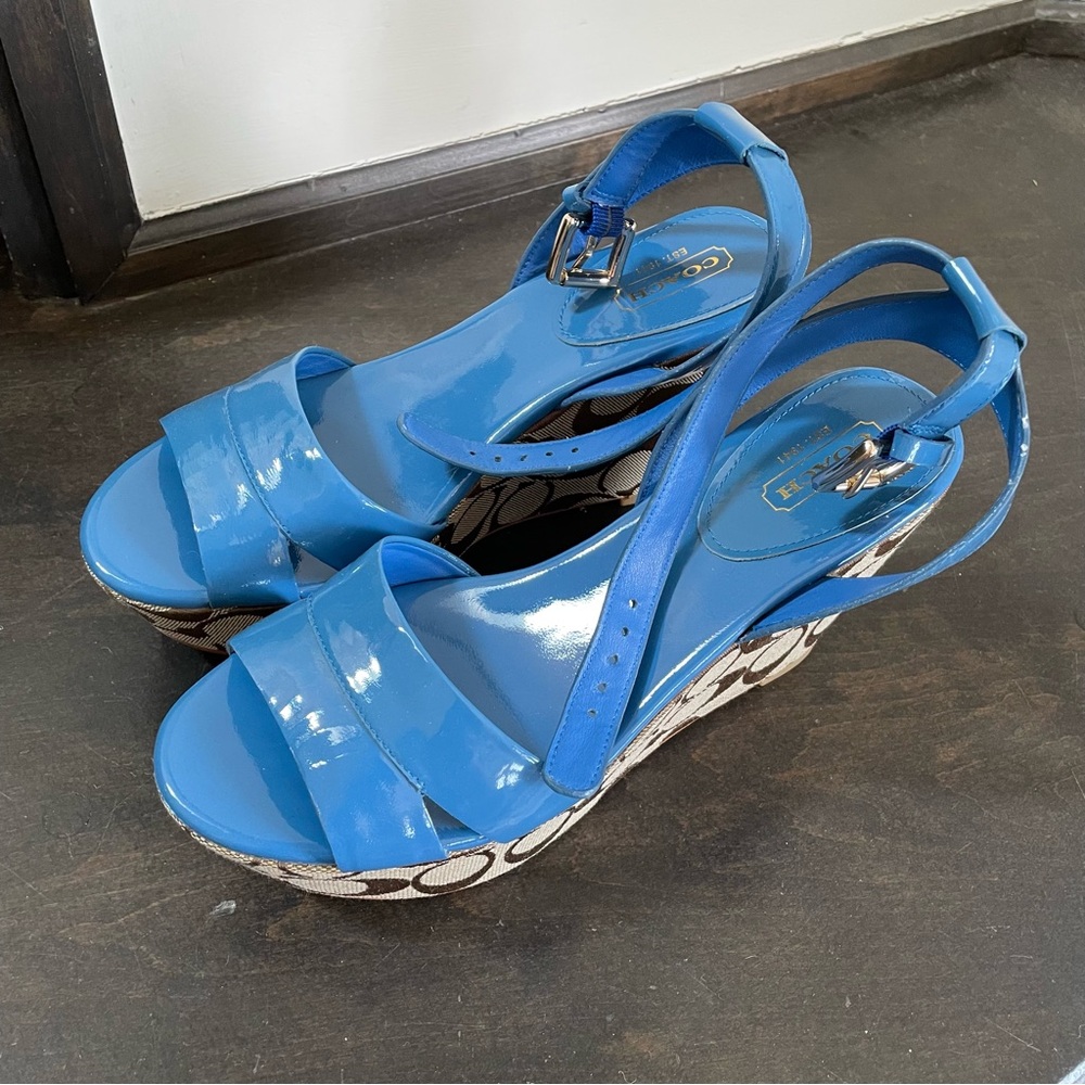 Coach Blue and Tan logo Wedge Sandals - Picture 12 of 12